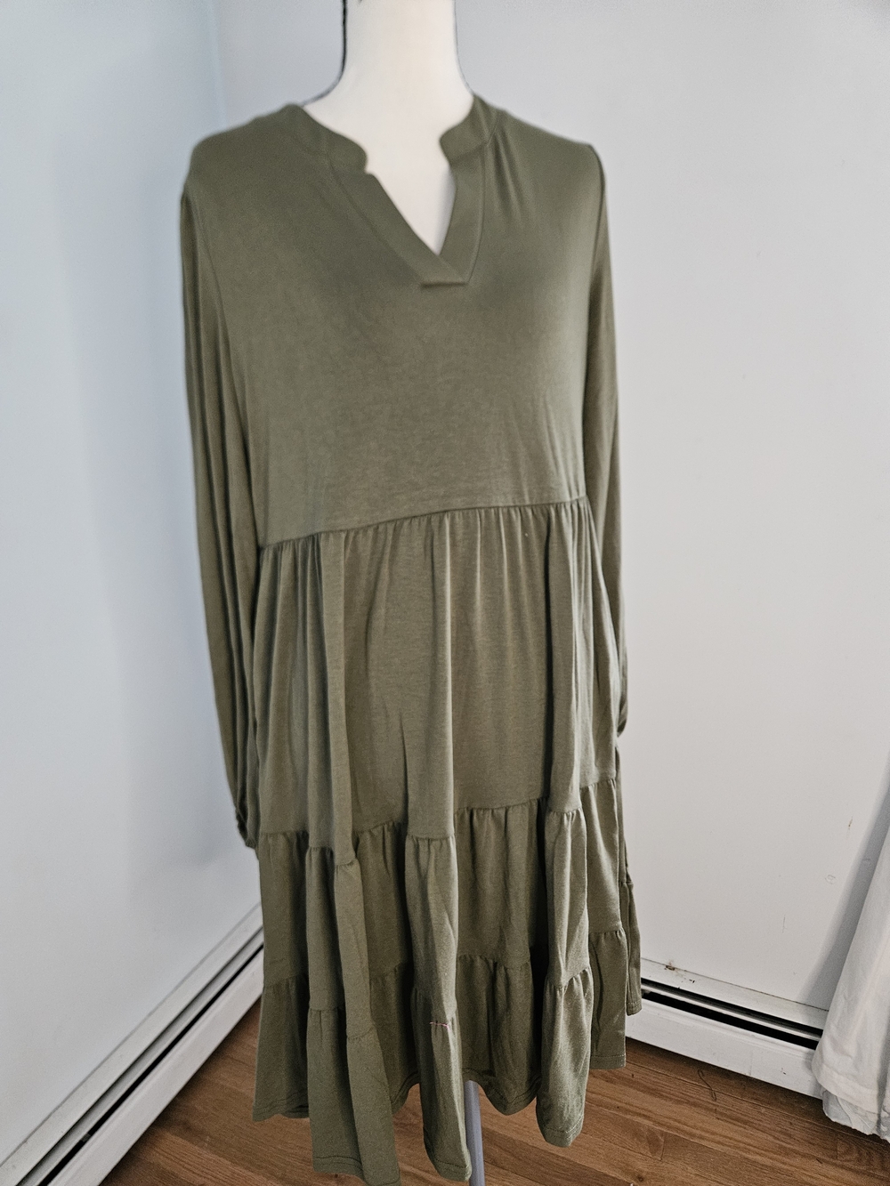 Olive Green Long-Sleeve Tiered V-Notch Dress